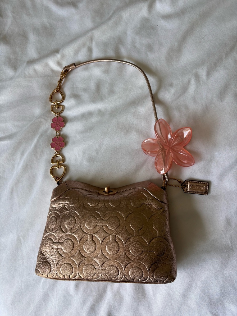 Coach Op Art Turn Lock Rose Gold Metallic Large Wristlet Mini Shoulder Bag
